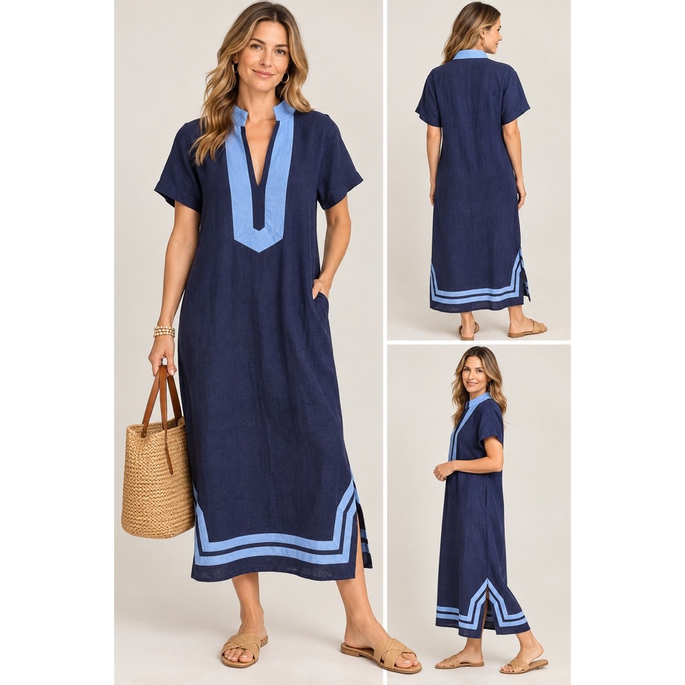 Sail to Sable STS Navy Blue Linen Blend Maxi Caftan Dress Large Resort